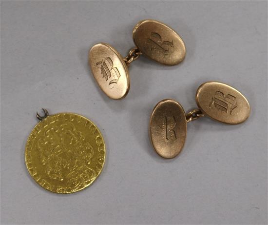 A worn George III gold guinea and a pair of 9ct gold cufflinks.